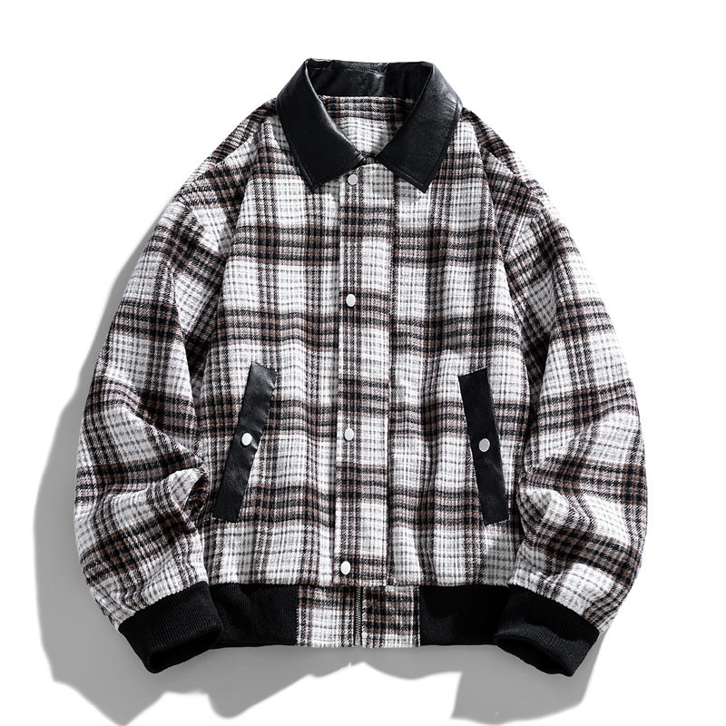 Men's Checkered Overshirt Jacket with Contrasting Faux Leather Collar and Ribbed Cuffs Mune Fashion