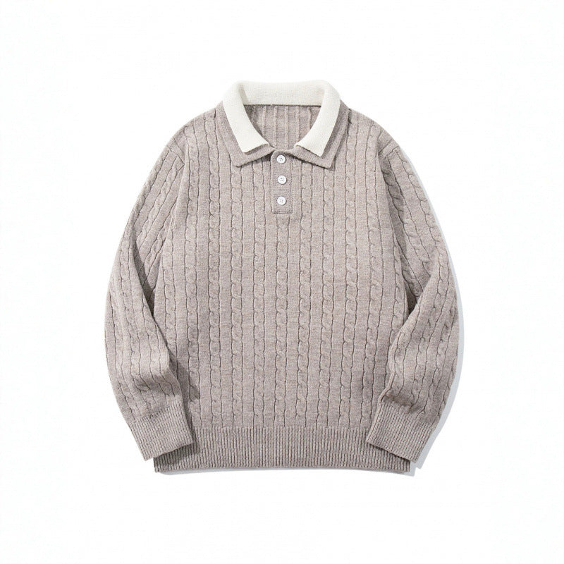 Men's Chunky Knitted Polo Collar Sweater with Cable Pattern and Button Placket Mune Fashion
