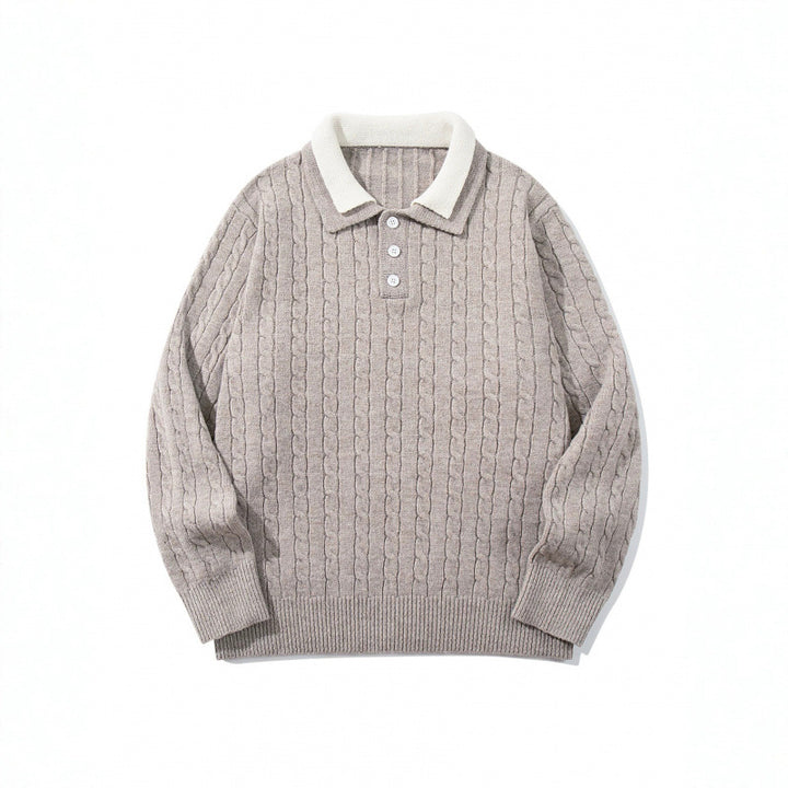Men's Chunky Knitted Polo Collar Sweater with Cable Pattern and Button Placket Mune Fashion