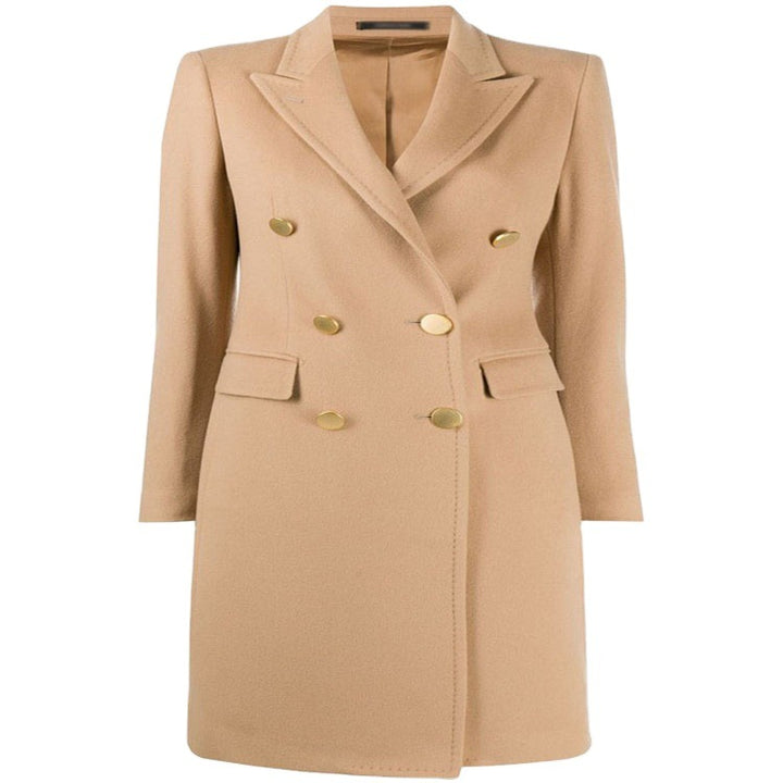 Ladies Knee-Length Double-Breasted Wool Blend Coat with Textured Lapels and Flap Pockets Mune Fashion
