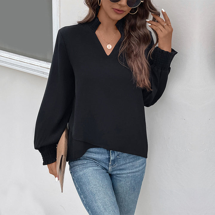 Women's Lightweight Viscose Blouse with Gathered Stand Collar, V-Neck and Smocking Cuffs