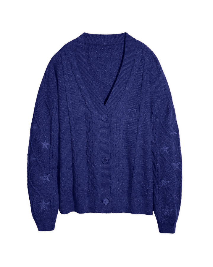 Women's oversized chunky knit cardigan with cable pattern, V-neck and star embroidery Mune Fashion