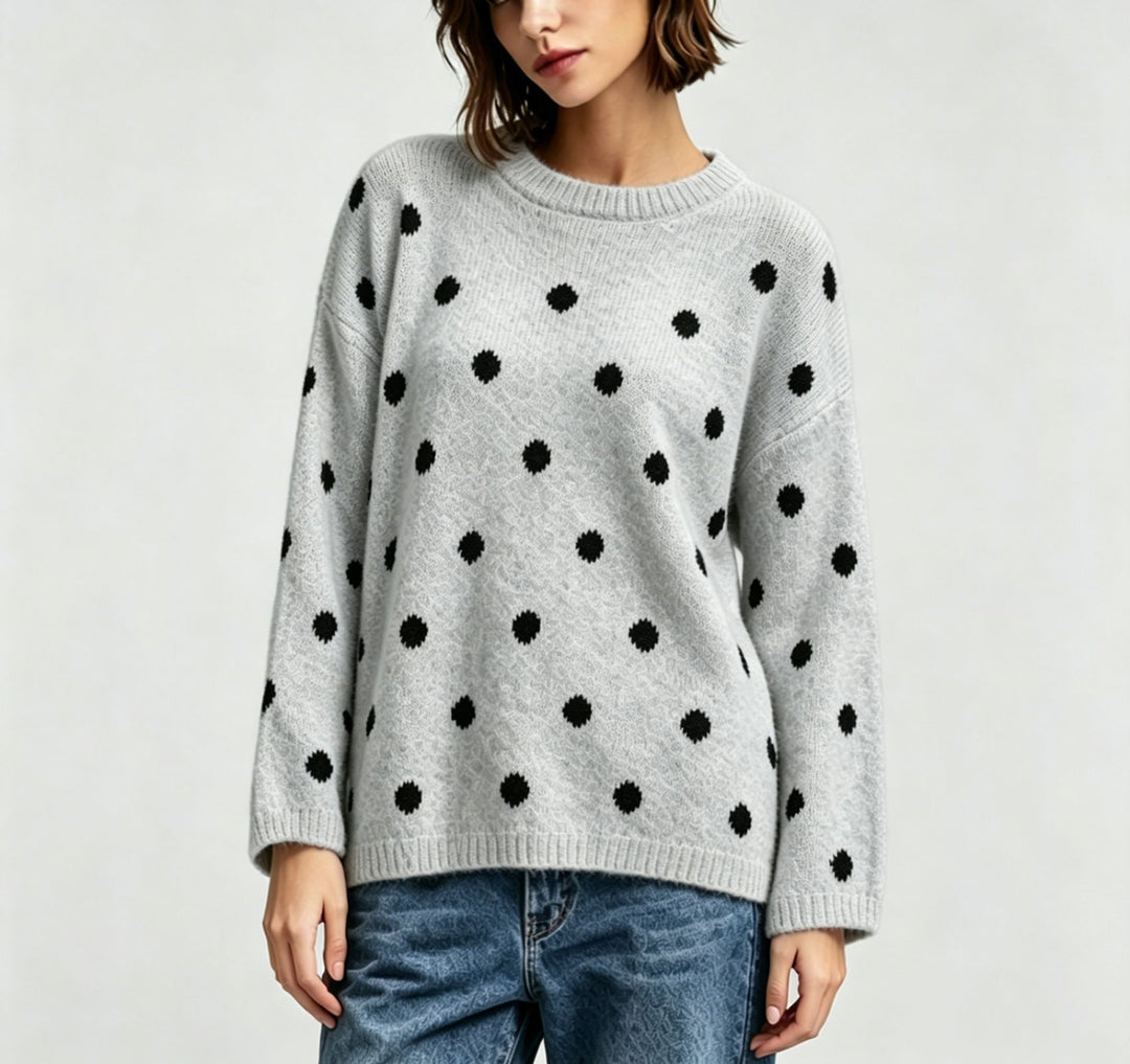 Women's Oversized Knit Sweater with Subtle Dot Pattern and Round Neckline Mune Fashion