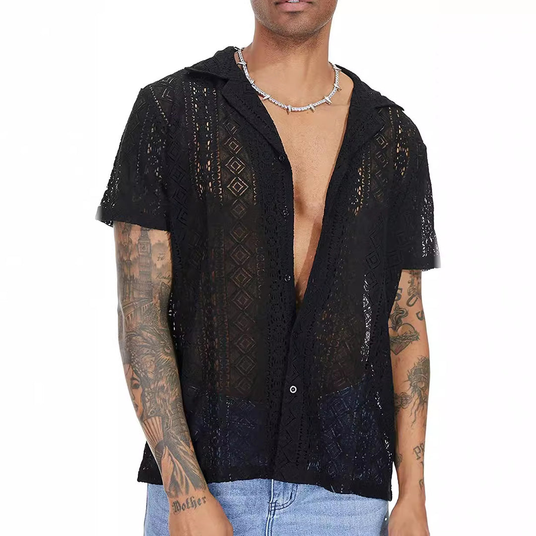 Men's airy crochet knit polo with open V-neck and Kent collar Mune Fashion