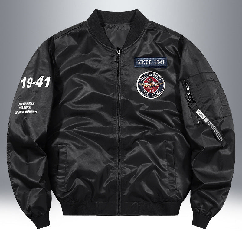 Men's Lightweight Nylon Bomber Jacket in Aviator Style with Patch Details and Arm Pocket Mune Fashion