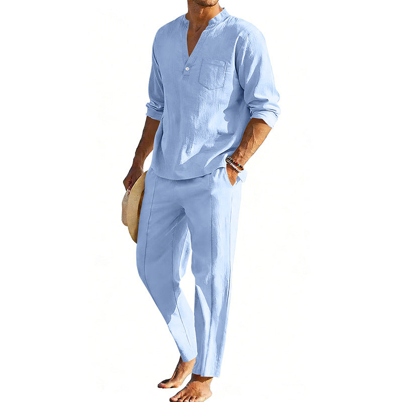 Men's comfortable linen two-piece with stand-up collar shirt and tapered ankle-length pants Mune Fashion