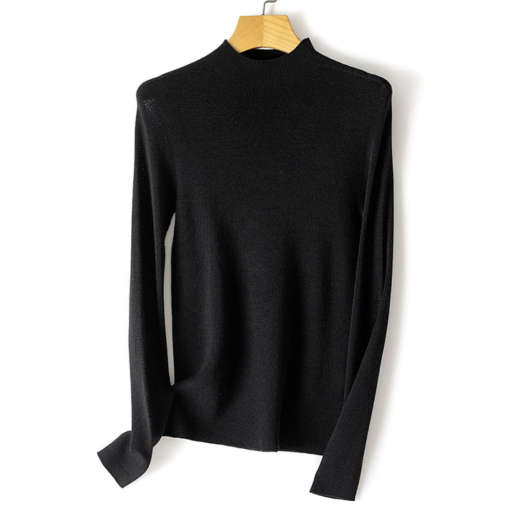 Women Fine Fine Knit Long Sleeve Sweater with Short Stand-Up Collar and Slim-Fit Mune Fashion