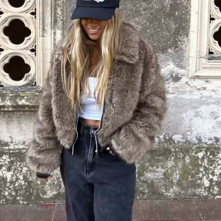 Women's Short Faux Fur Bomber Jacket with Voluminous Shawl Collar and Zipper Mune Fashion