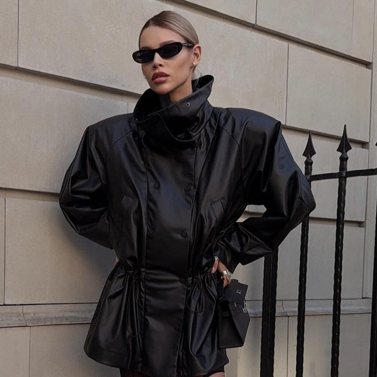 Women Oversize Faux Leather Parka with High Stand Collar and Adjustable Drawstring Mune Fashion