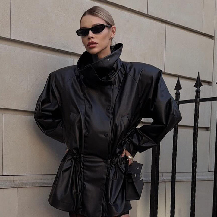 Women Oversize Faux Leather Parka with High Stand Collar and Adjustable Drawstring Mune Fashion