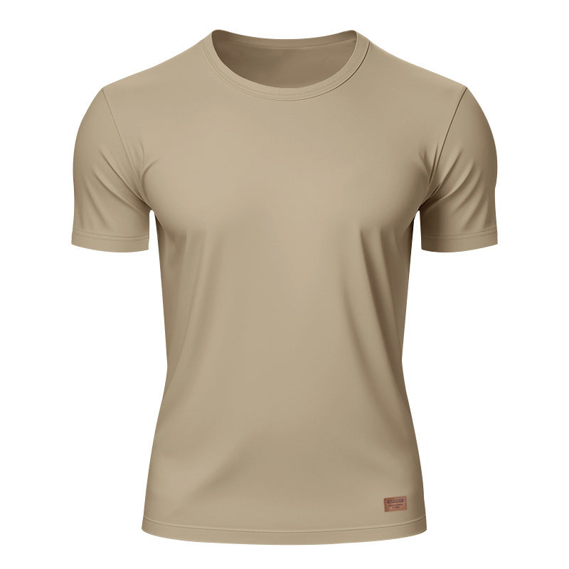 Men's slim round neck T-shirt made of smooth stretch jersey with subtle leather logo application Mune Fashion