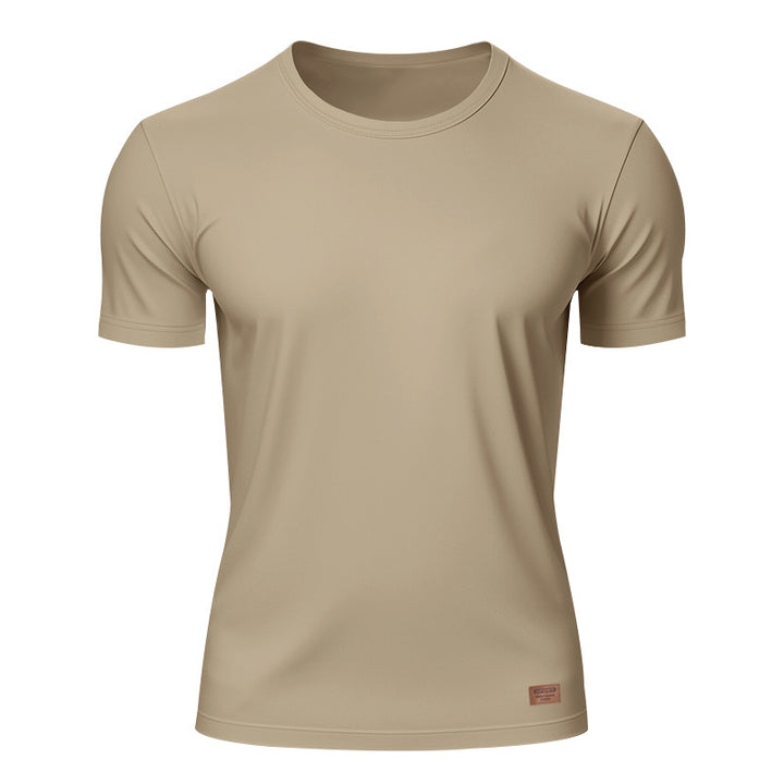 Men's slim round neck T-shirt made of smooth stretch jersey with subtle leather logo application Mune Fashion