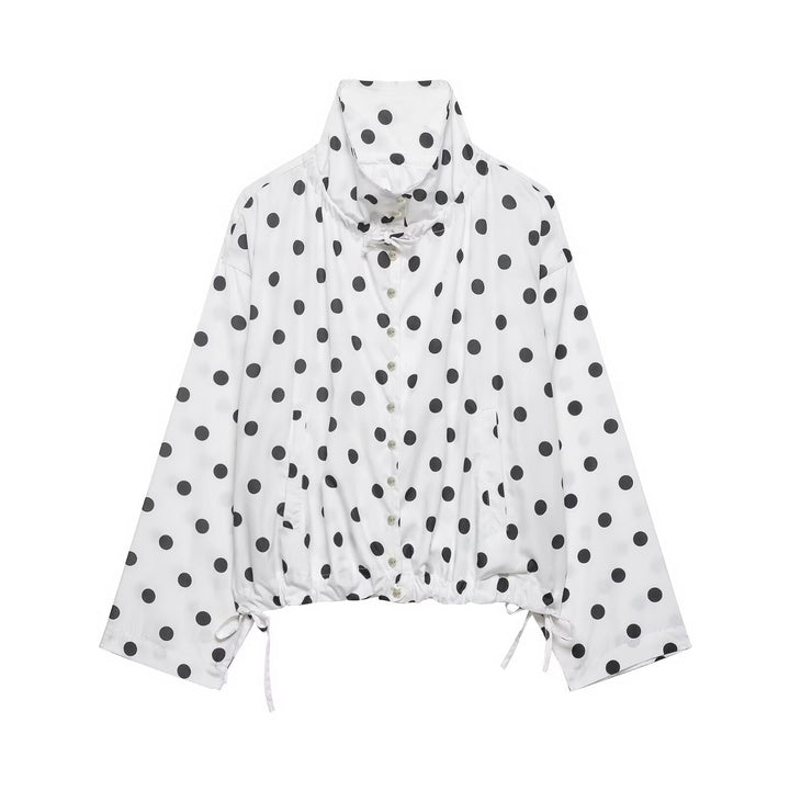 Women Lightweight Oversized Polka Dot Windbreaker with Stand-up Collar, Button Placket and Drawstring Mune Fashion