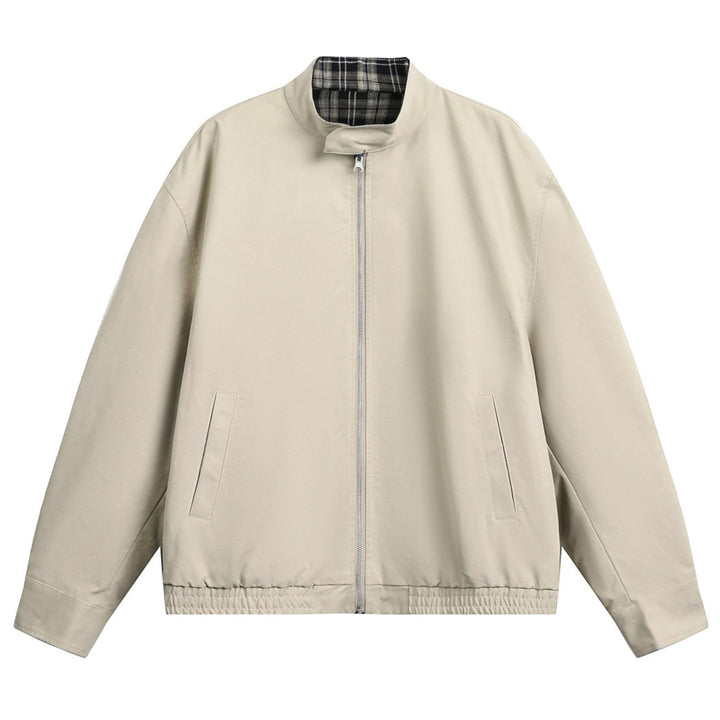 Unisex Oversize Blouson Jacket with Stand-up Collar and Checked Lining Mune Fashion