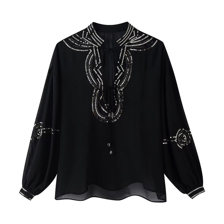 Women Chiffon blouse with sequin trim, balloon sleeves and tie collar Mune Fashion