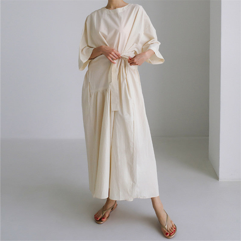 Women's Long Cotton Maxi Dress with Wrap Belt and Side Pockets Mune Fashion
