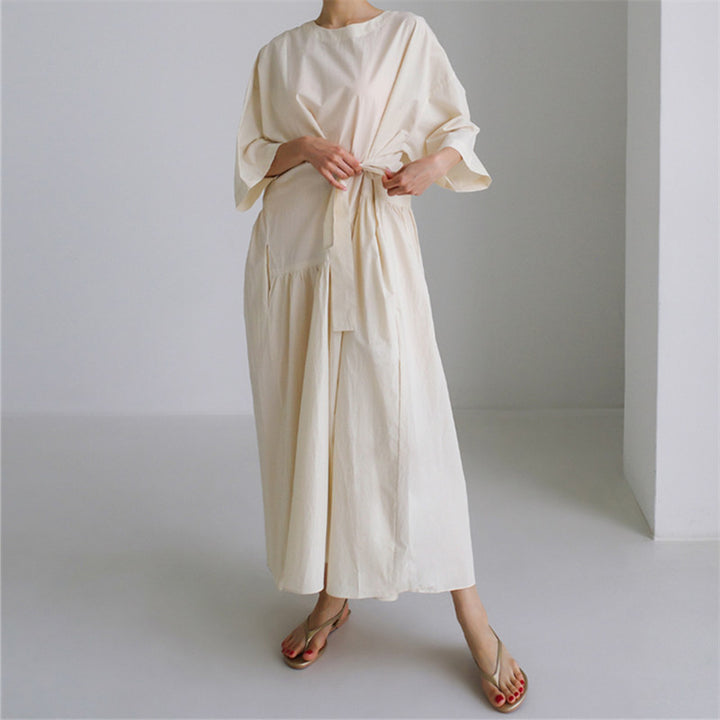 Women's Long Cotton Maxi Dress with Wrap Belt and Side Pockets Mune Fashion