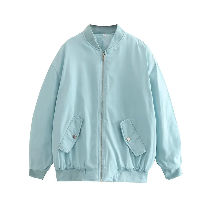 Ladies oversized bomber jacket with stand-up collar, zipper and snap button pockets Mune Fashion