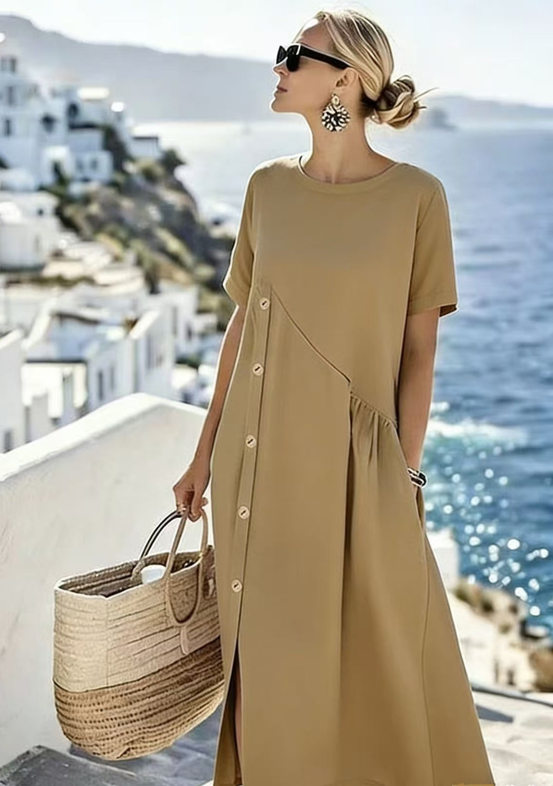 Women's Airy Summer Dress with Side Button Placket, Short Sleeves and Slit Mune Fashion