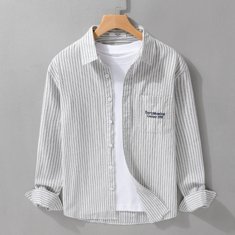 Men's Lightweight Cotton-Linen Relaxed Shirt with Fine Pinstripes, Patch Pocket and Rounded Hem Mune Fashion