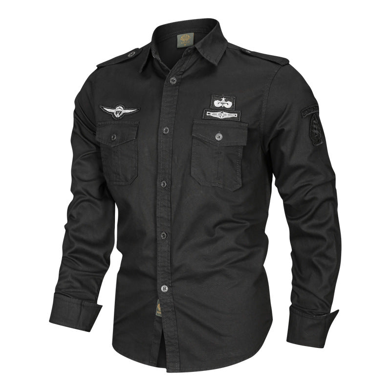 Men's tailored cotton shirt with epaulettes, patch chest pockets, and distinctive patch details Mune Fashion