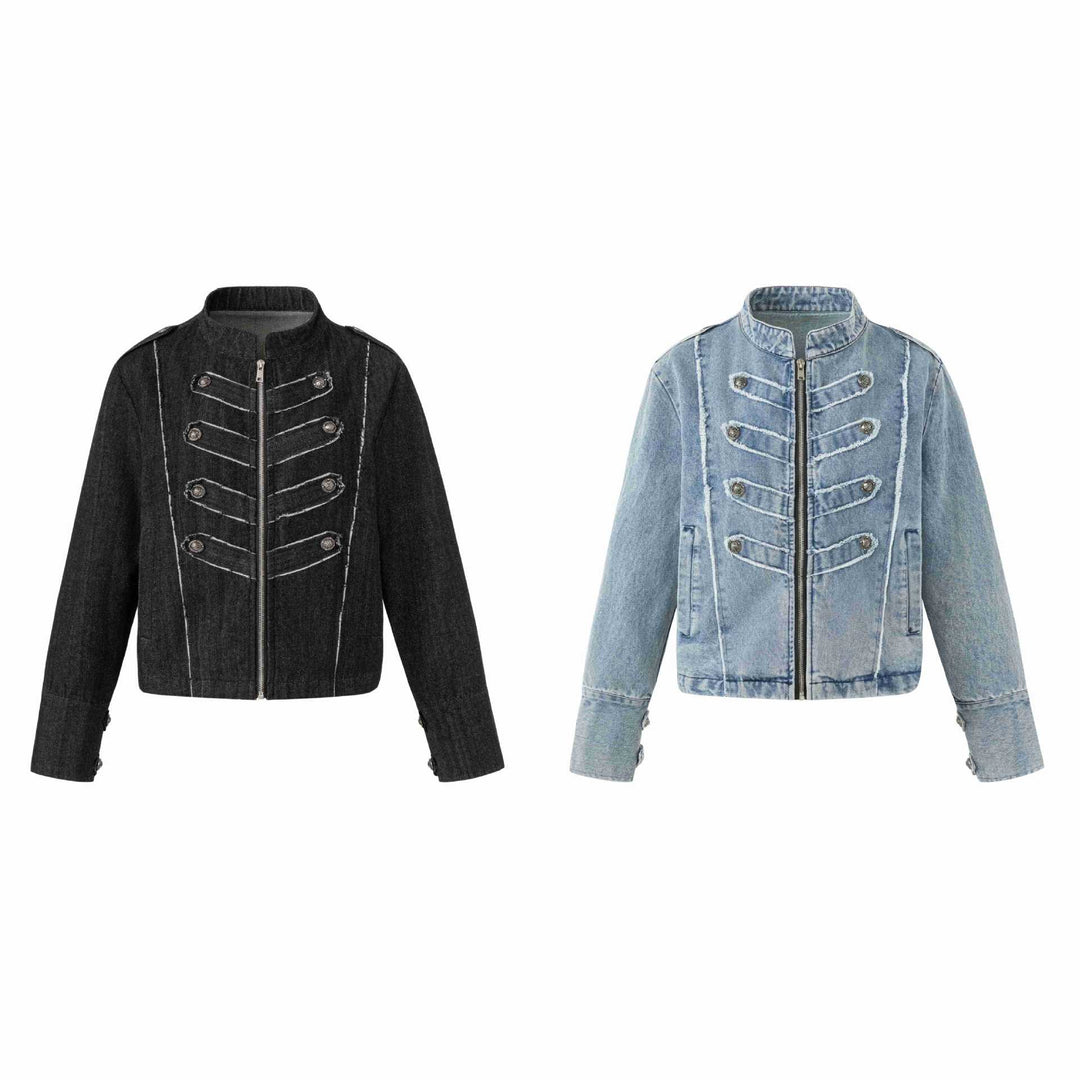 Women's denim blouson in military look with standing collar and decorative button placket Mune Fashion