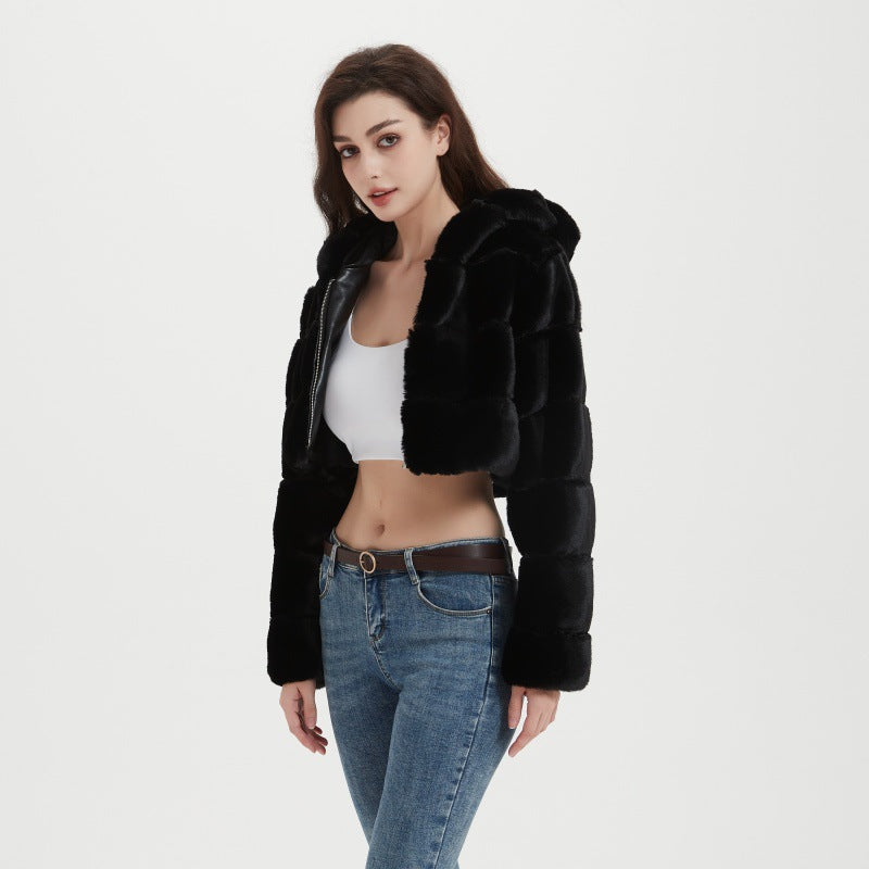 Women's Cropped Faux Fur Jacket with Quilted Panel Design and Hood Mune Fashion