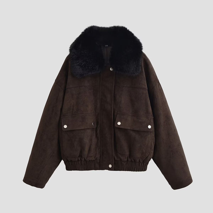Women's Oversize Bomber Jacket made of Suede Imitation with Large Faux Fur Collar Mune Fashion