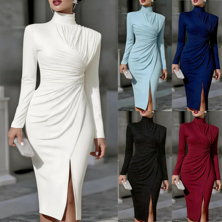 Women's Elegant Midi Dress with Ruched Draping, Stand Collar and Leg Slit Mune Fashion