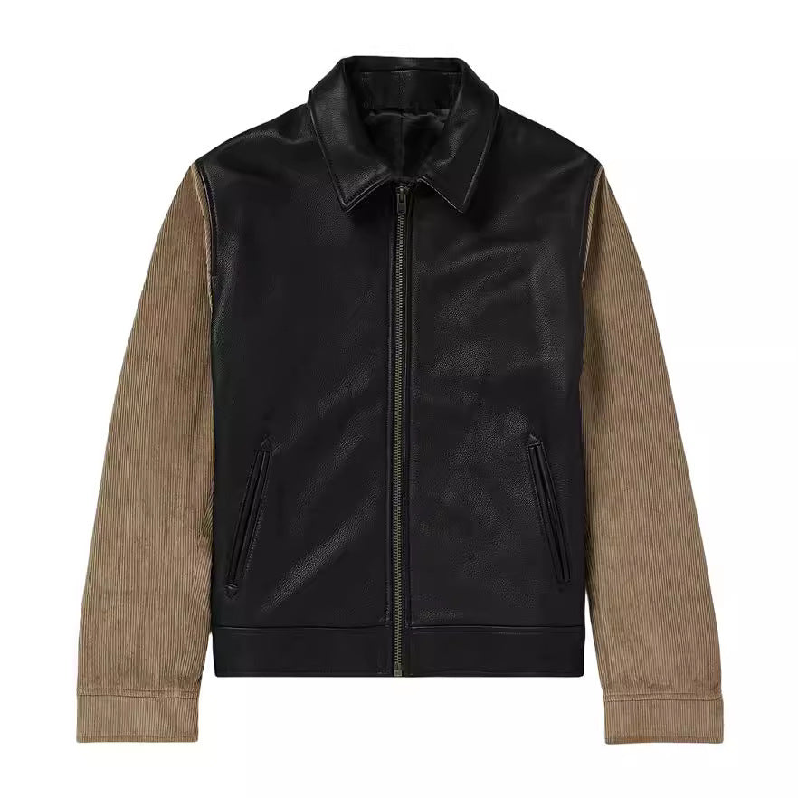 Men's leather jacket with cord sleeves, shirt collar and full zip Mune Fashion