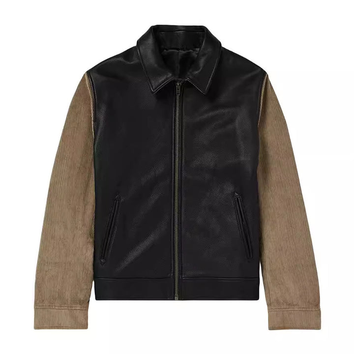 Men's leather jacket with cord sleeves, shirt collar and full zip Mune Fashion