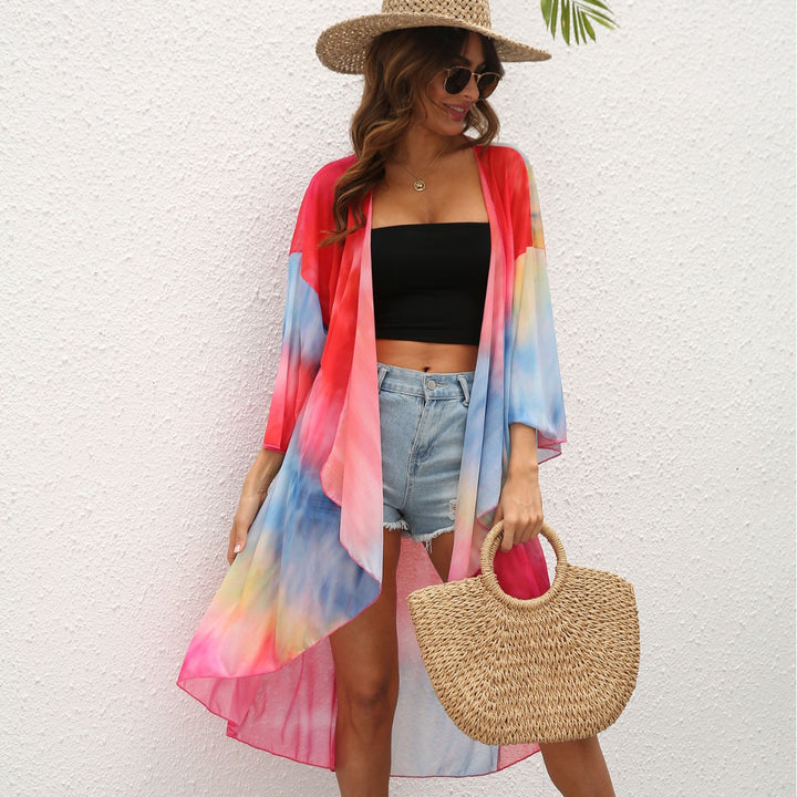 Ladies elegant beach kimono with colorful tie-dye design Mune Fashion