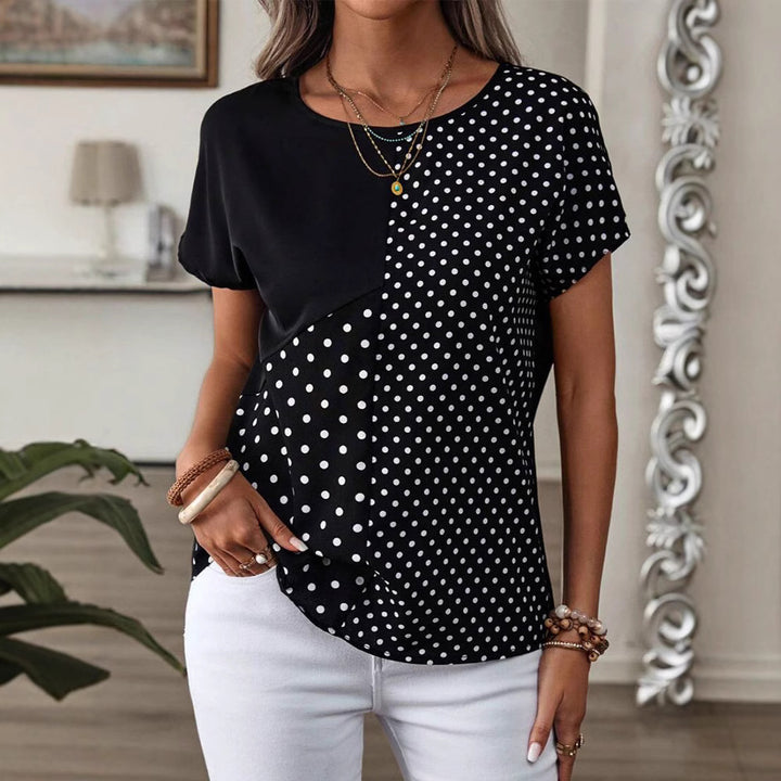 Women nan casual polka dot short sleeve top with asymmetrical seam and round neck Mune Fashion