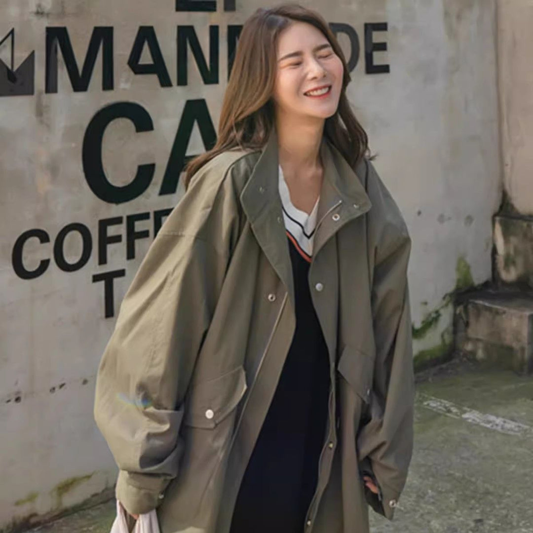 Women's Long Oversize Windbreaker in Utility Look with Flap Pockets Mune Fashion