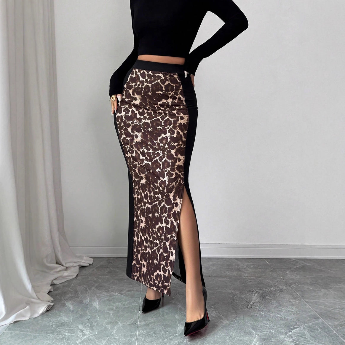 Women's tailored pencil midi skirt with animal print middle panel and side thigh slit Mune Fashion