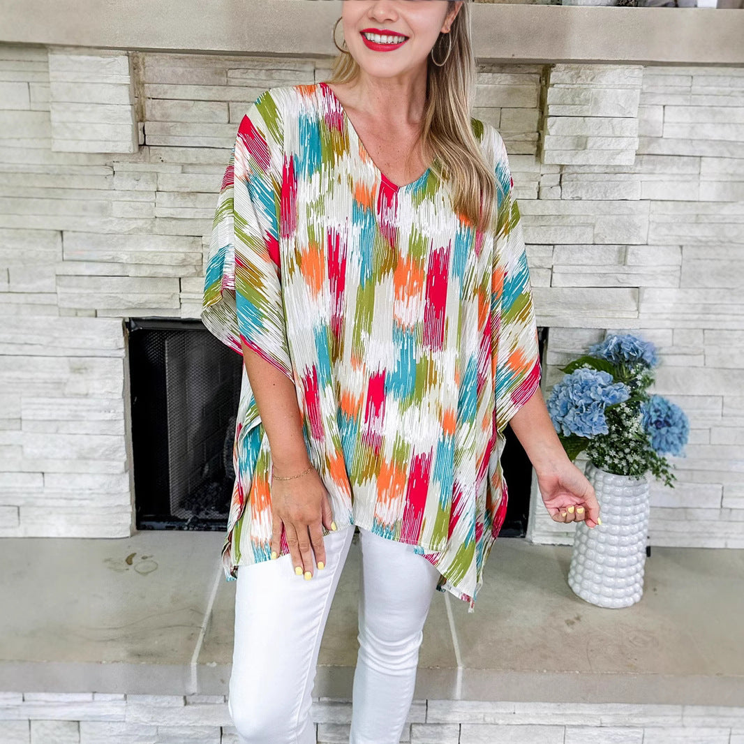 Women's Oversized V-Neck Tunic in Pleated Look with Abstract Ikat Print Mune Fashion