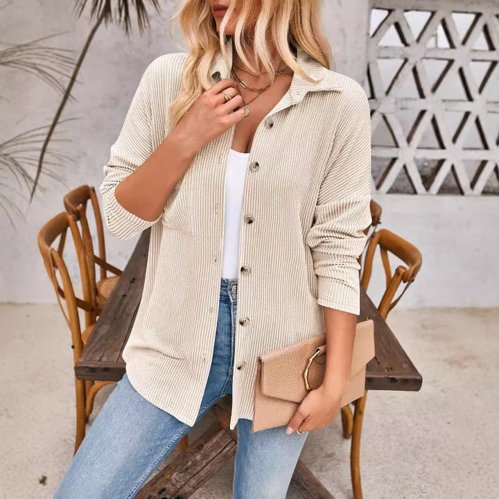 Women's Ribbed Oversized Shirt Jacket with Full Button Placket and Shirt Collar Mune Fashion