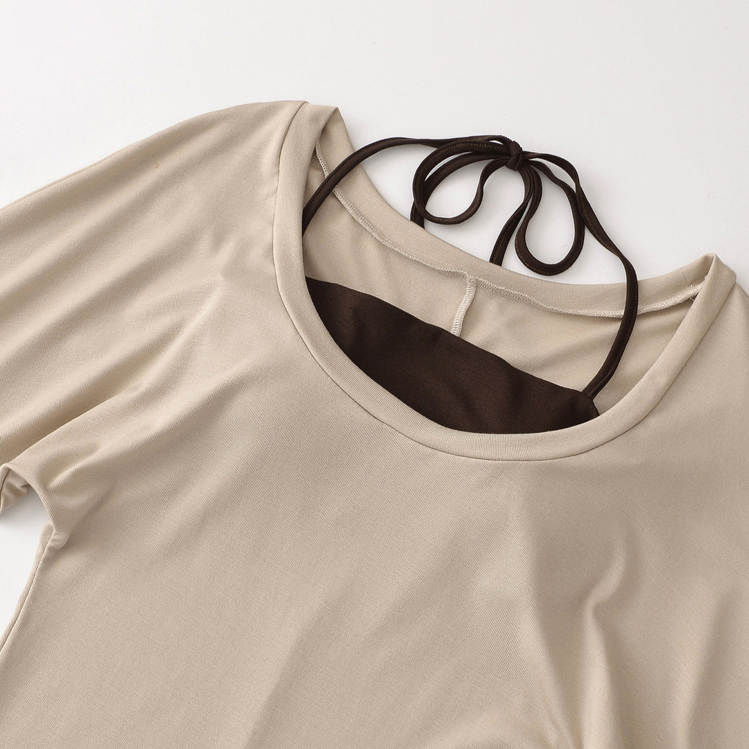 Women's Layered Long Sleeve Shirt with Integrated Spaghetti Strap Cami and Wide Round Neck Mune Fashion