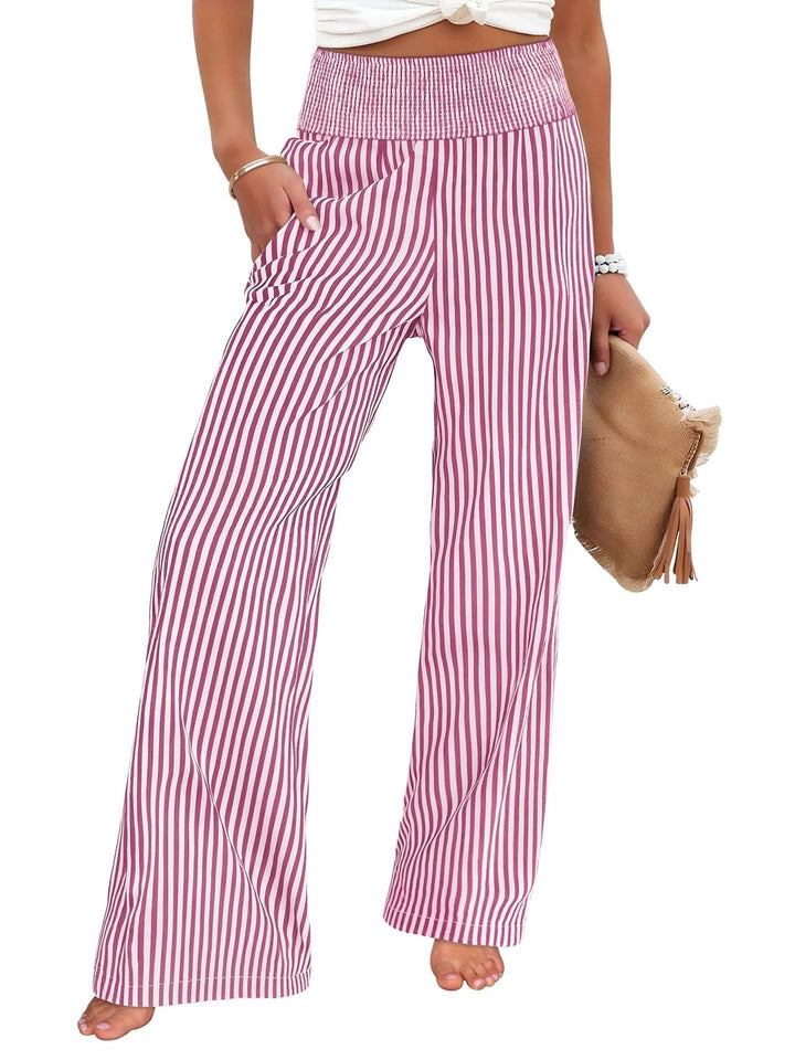 Women's Striped Palazzo Pants with High Ruffled Waist and Wide Leg Mune Fashion