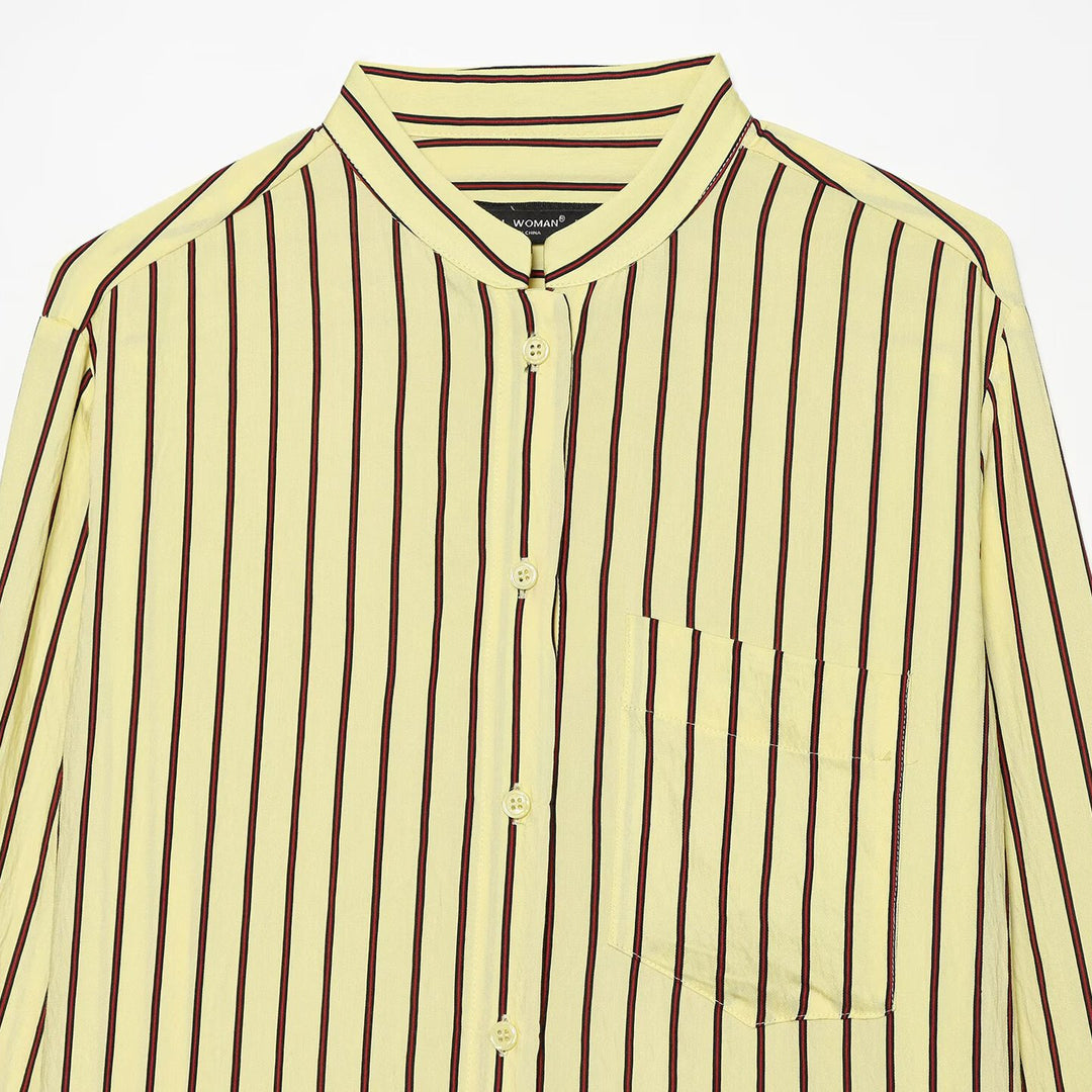 Women's Striped Oversized Blouse with Stand Collar and Chest Pocket Mune Fashion