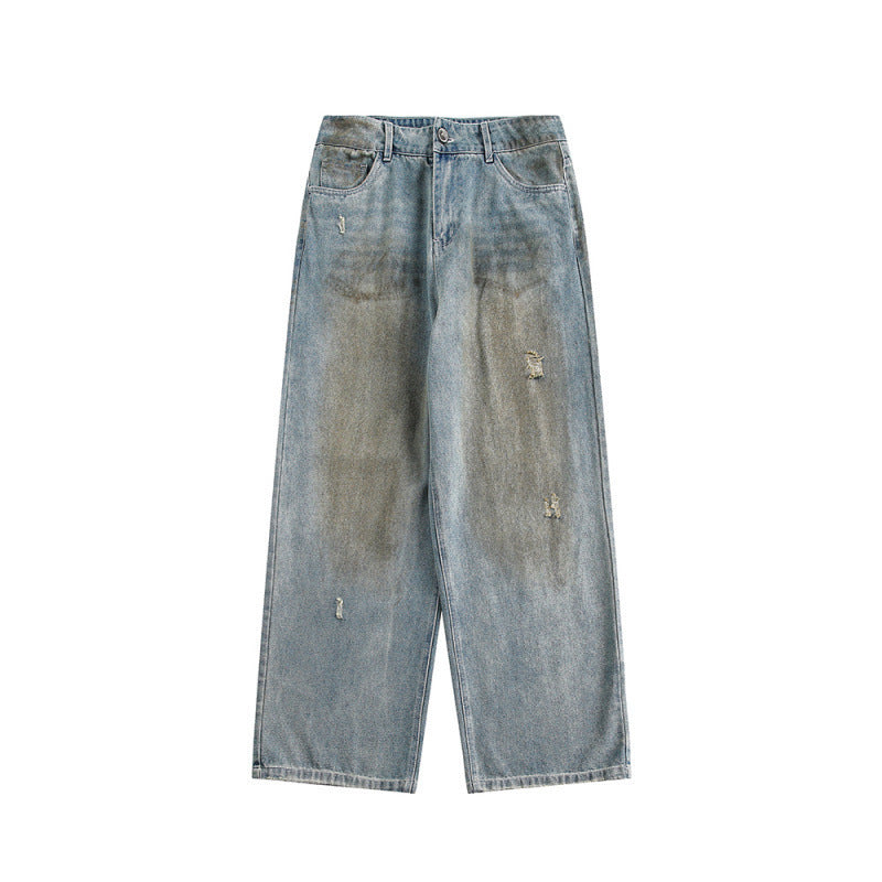 Ladies Wide Baggy Jeans with High Waist, Used Wash and Rip Details Mune Fashion