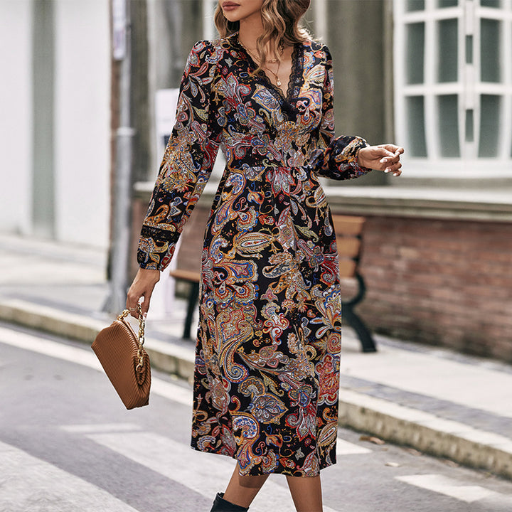 Women’s midi dress with paisley print, wrap look and lace trim Mune Fashion