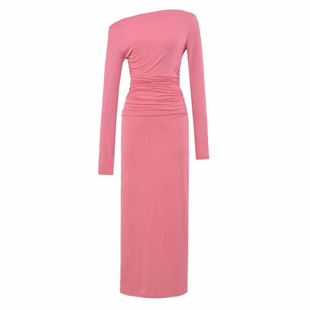 Women One-Shoulder Midi Dress with Long Sleeve and Side Gathering Mune Fashion