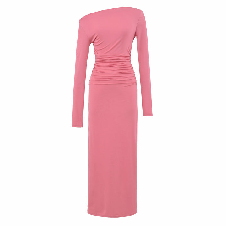Women One-Shoulder Midi Dress with Long Sleeve and Side Gathering Mune Fashion