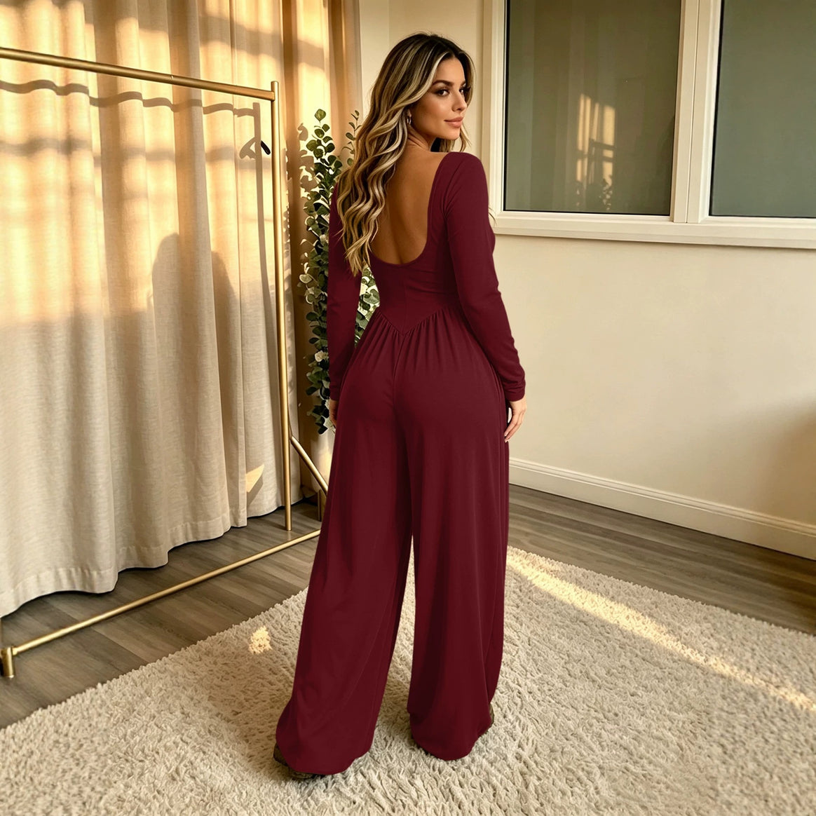 Ladies Long Jumpsuit with Wide Leg, Deep Round Neck and Side Pockets Mune Fashion