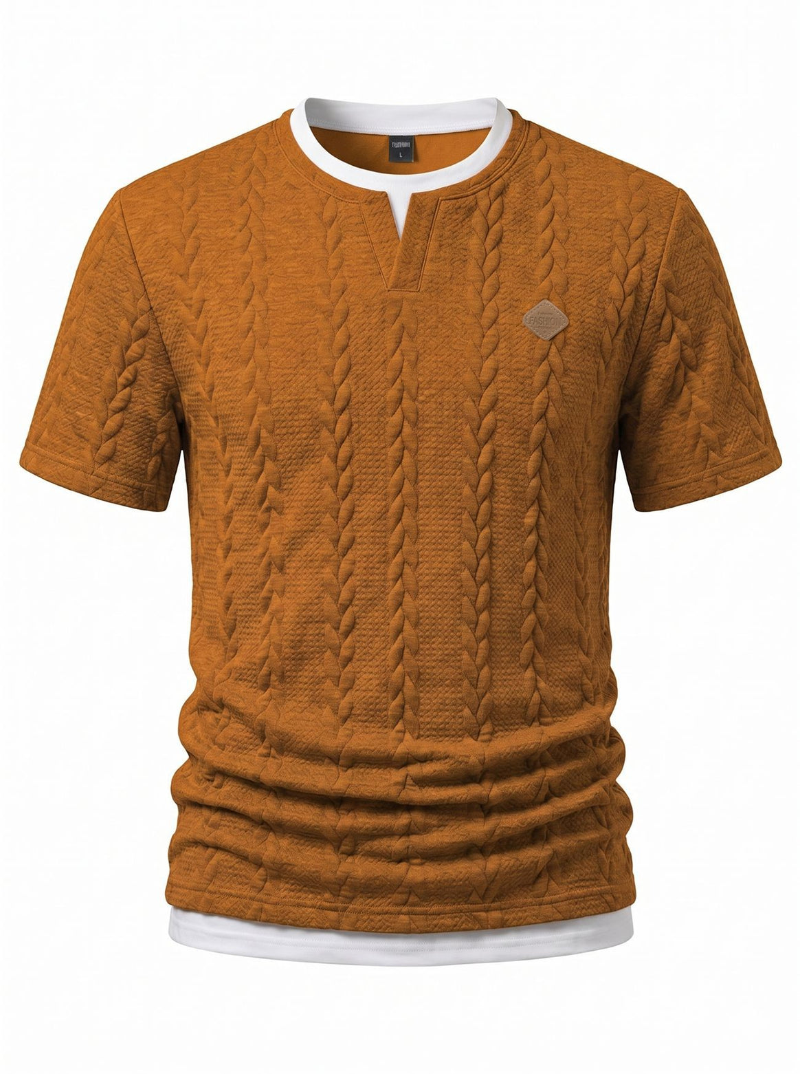 Men's textured short-sleeve shirt with embossed braid structure, V-insert at the round neck and layered look Mune Fashion