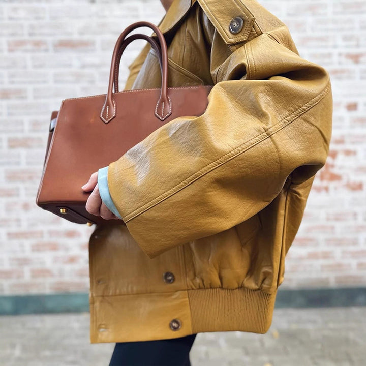 Women Oversize Leather Jacket with Voluminous Balloon Sleeves and Short Boxy Silhouette Mune Fashion