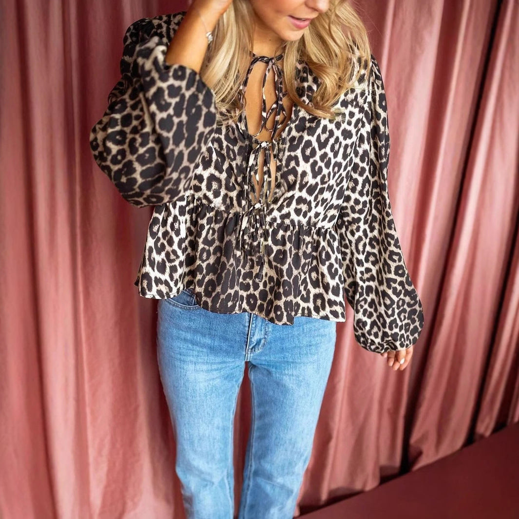Women’s blouse with leopard print, tie bands and balloon sleeves Mune Fashion