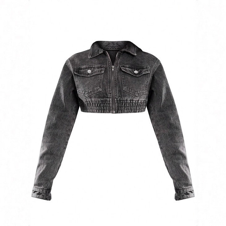 Women's Cropped Denim Set consisting of jacket and midi skirt with zipper, elastic waistband & cargo pockets Mune Fashion