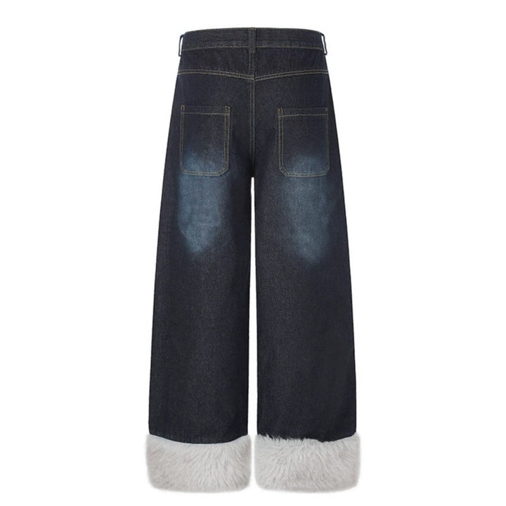 Women wide high-cut denim palazzo pants with check patch pocket and faux fur trim at hem Mune Fashion
